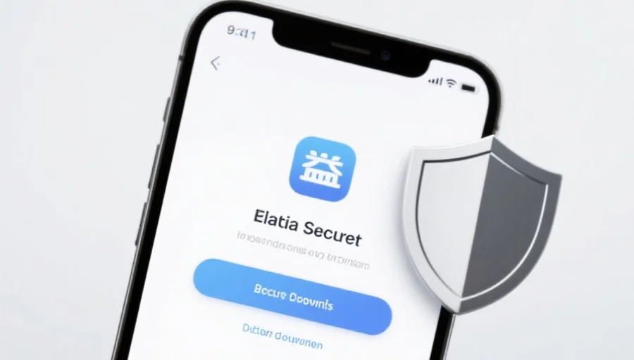 一部现代智能手机屏幕上显示安信14应用的安全下载界面，旁边有安全盾牌图标，背景简洁