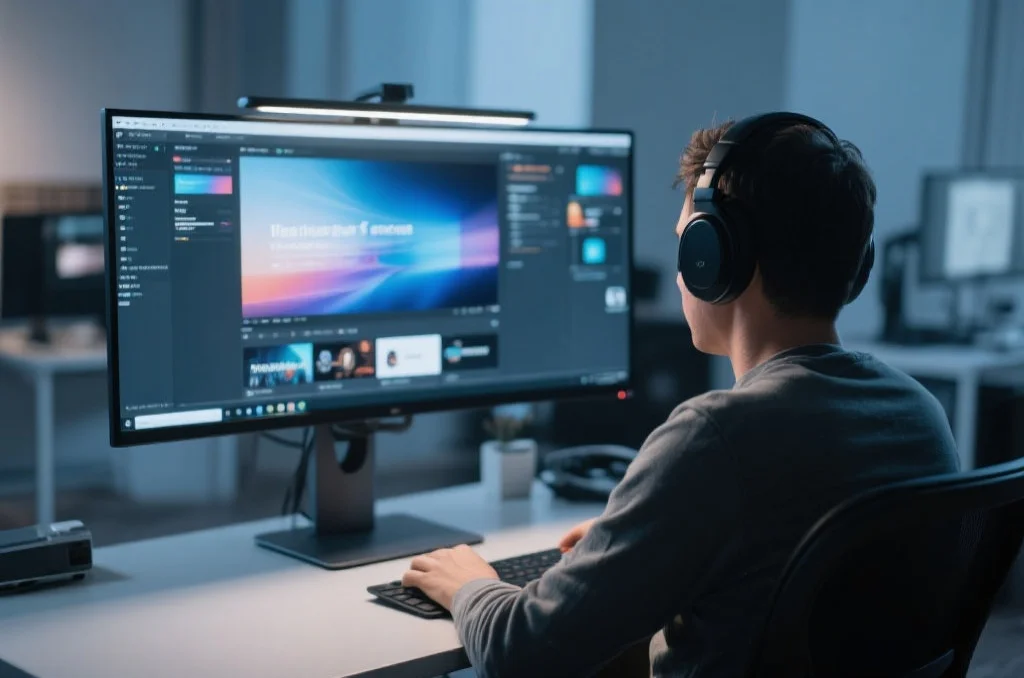 用户在桌面电脑上享受安信14的沉浸式娱乐体验